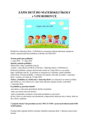 Zápis do MŠ s VJM Rohovce 2026/2027